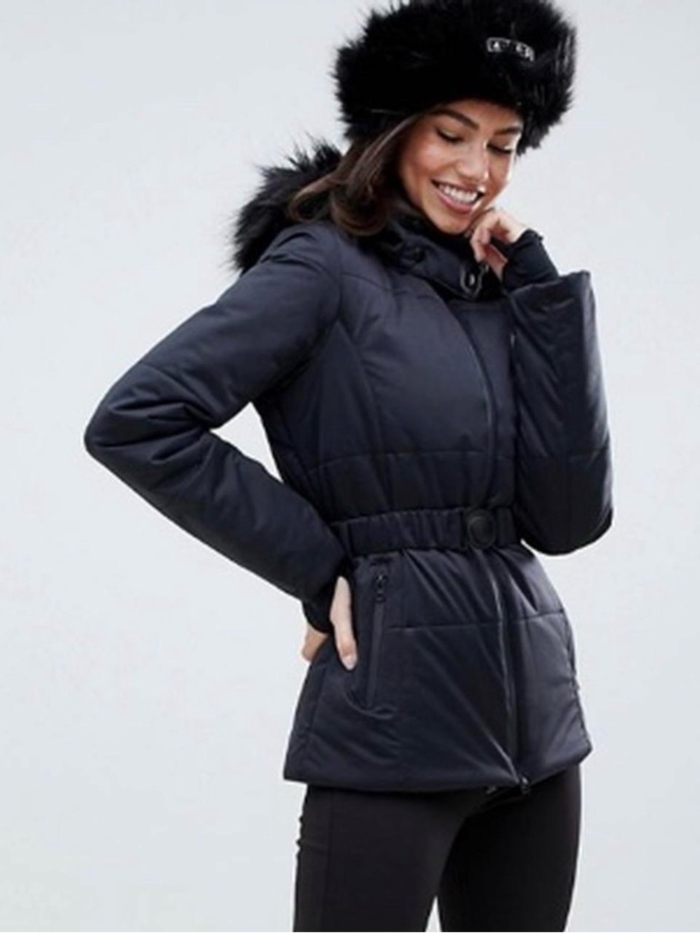 ASOS 4505 Ski Jack Black Belted Puffer Coat with Faux Fur Trim Size 8